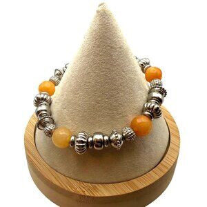 Orange Beaded Stretch Bracelet with Silver Tone Spacer Beads